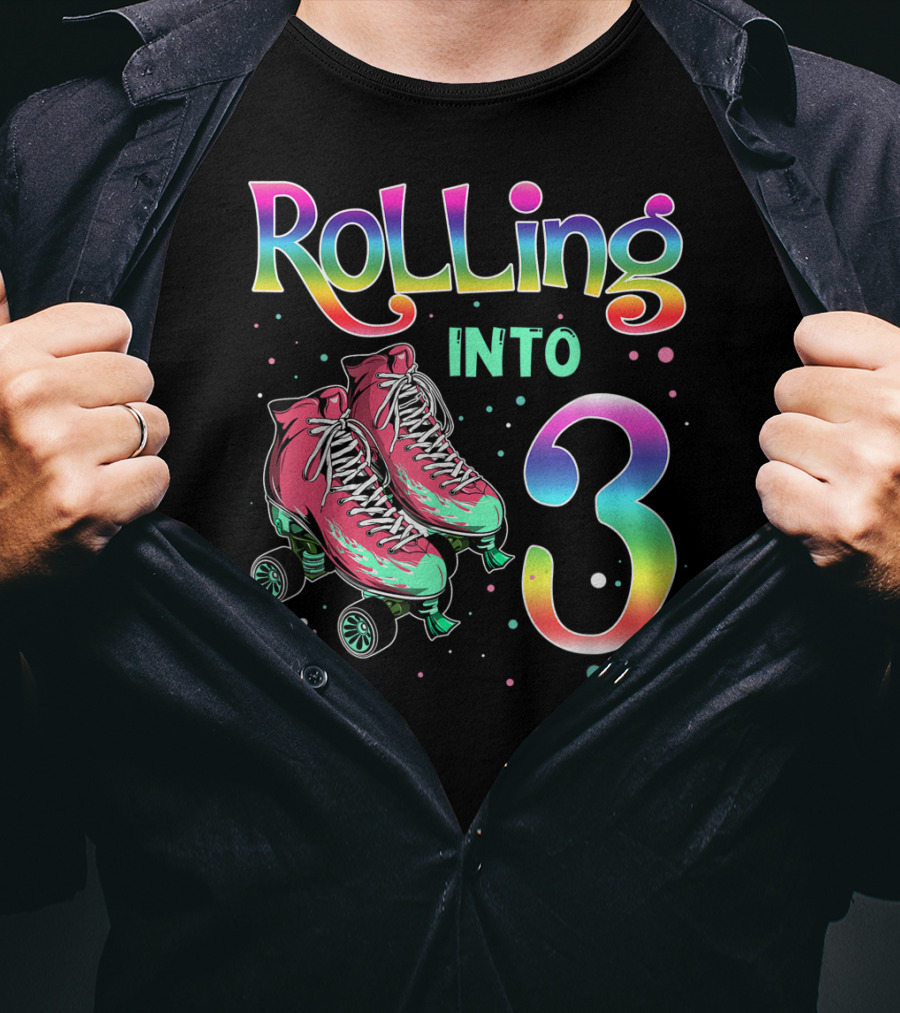 Rolling Into 3 Kids 3rd Birthday Roller Skates T-Shirt
