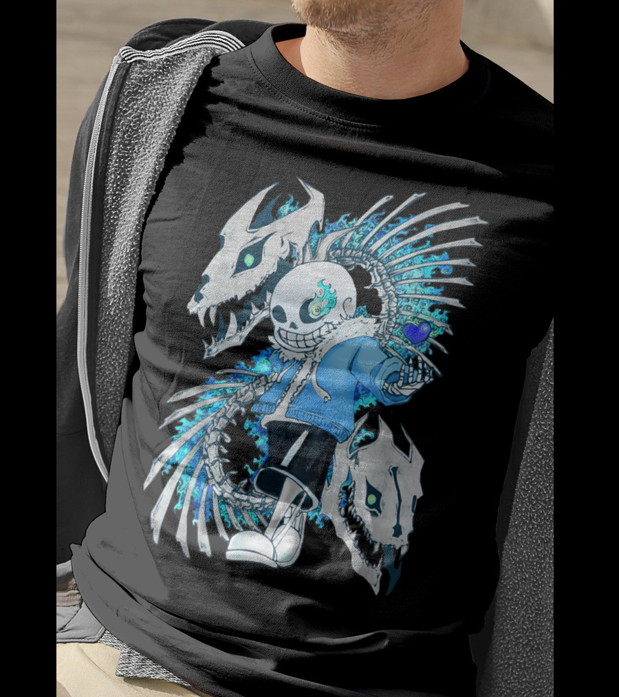 Sans Undertale Skeleton Flames Blue Heart Gaming Character T-Shirt