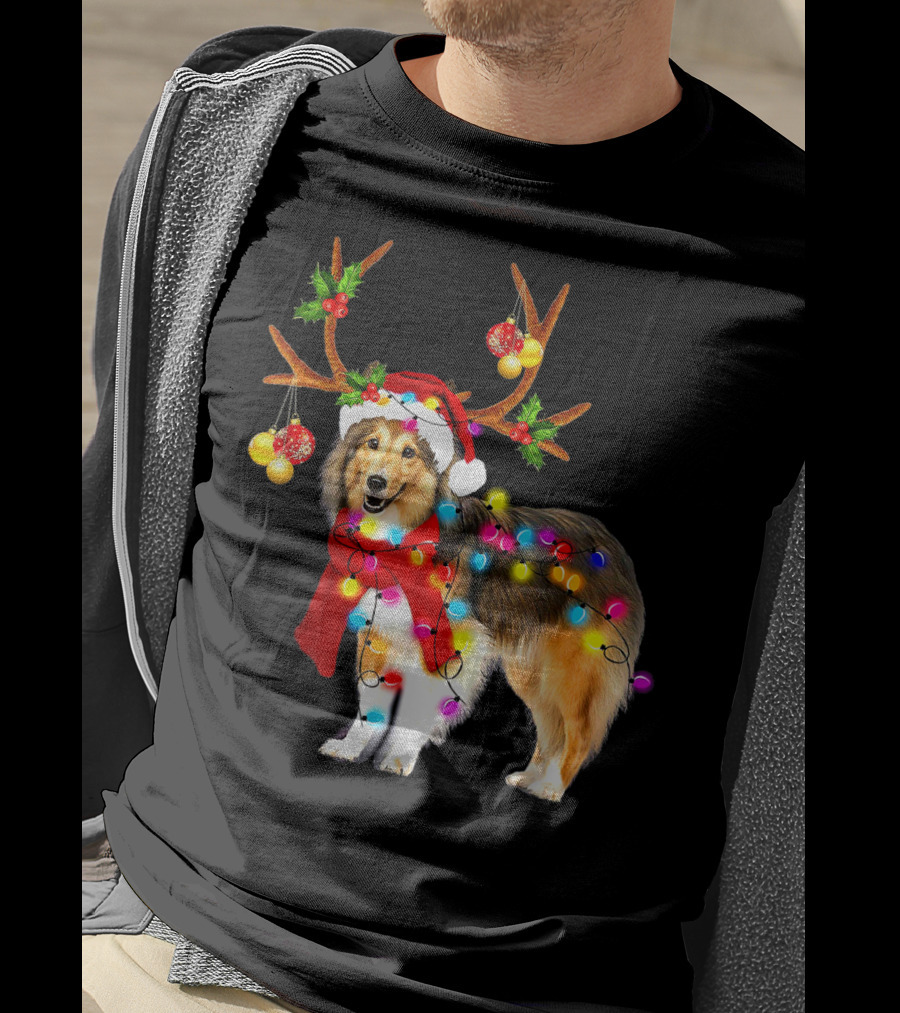Christmas Sheltie Dog In Santa Hat With Reindeer Antlers And Colorful String Lights T-Shirt