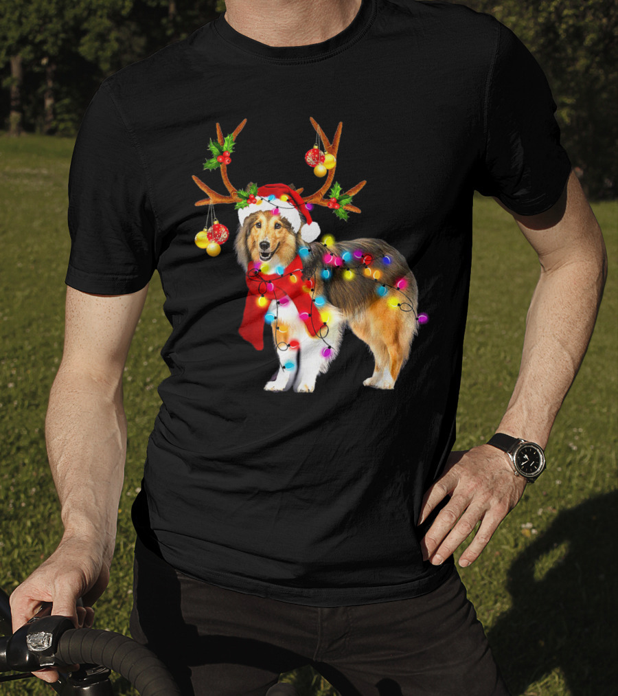 Christmas Sheltie Dog In Santa Hat With Reindeer Antlers And Colorful String Lights T-Shirt