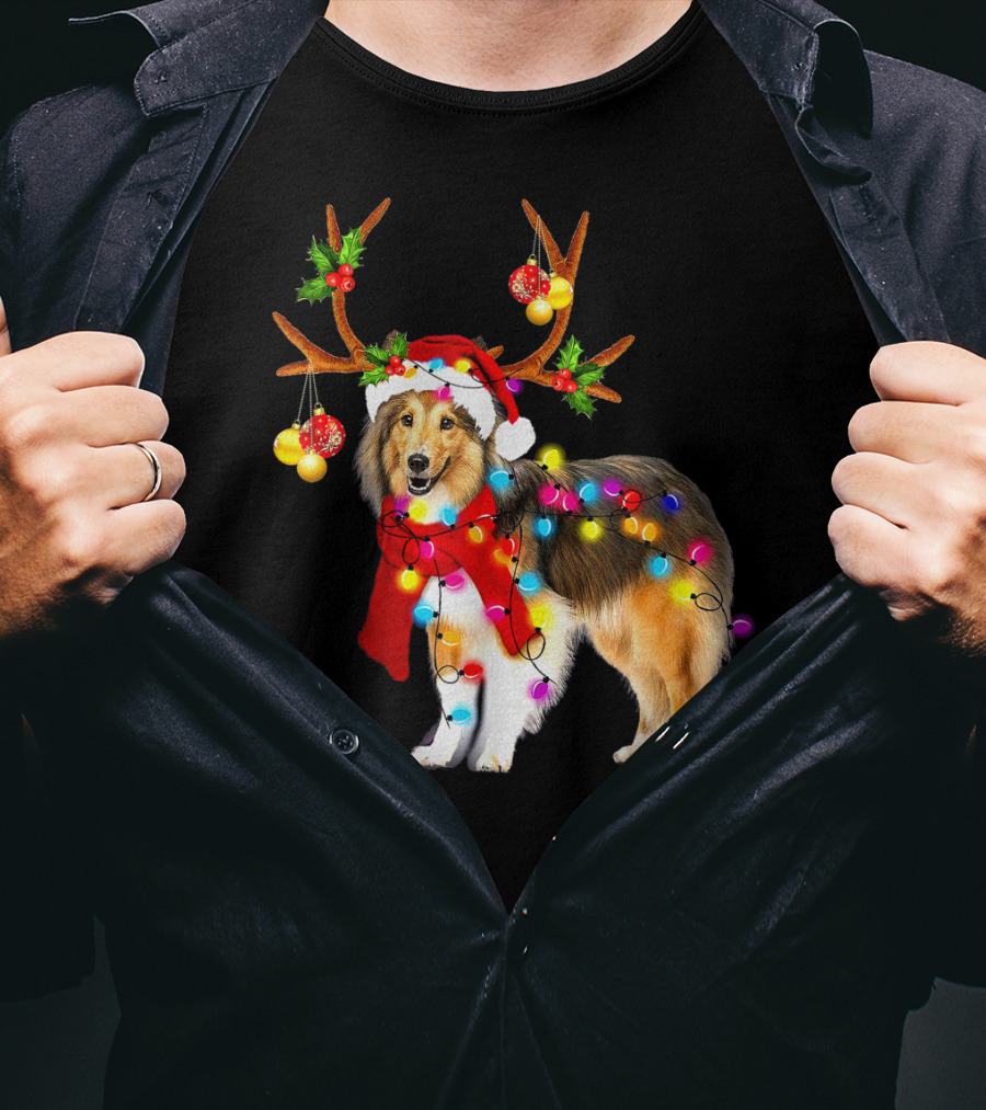Christmas Sheltie Dog In Santa Hat With Reindeer Antlers And Colorful String Lights T-Shirt