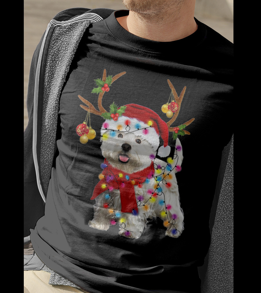 Santa Westie Dog Reindeer Lights Holiday T-Shirt