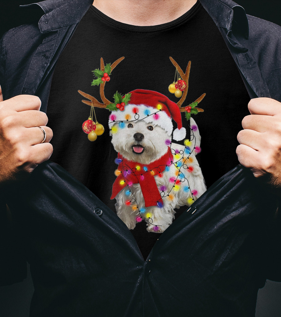 Santa Westie Dog Reindeer Lights Holiday T-Shirt