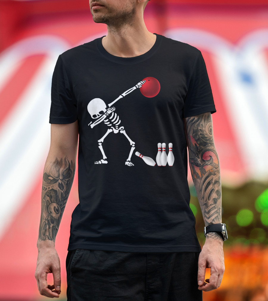 Skeleton Bowler Dabbing with Red Bowling Ball and Pins Fun Bones Lover T-Shirt