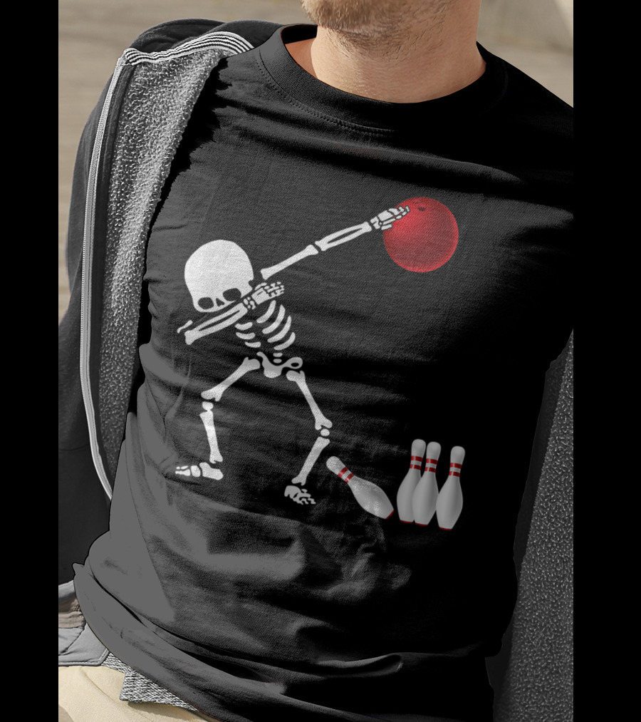 Skeleton Bowler Dabbing With Red Bowling Ball And Pins Fun Bones Lover T-Shirt