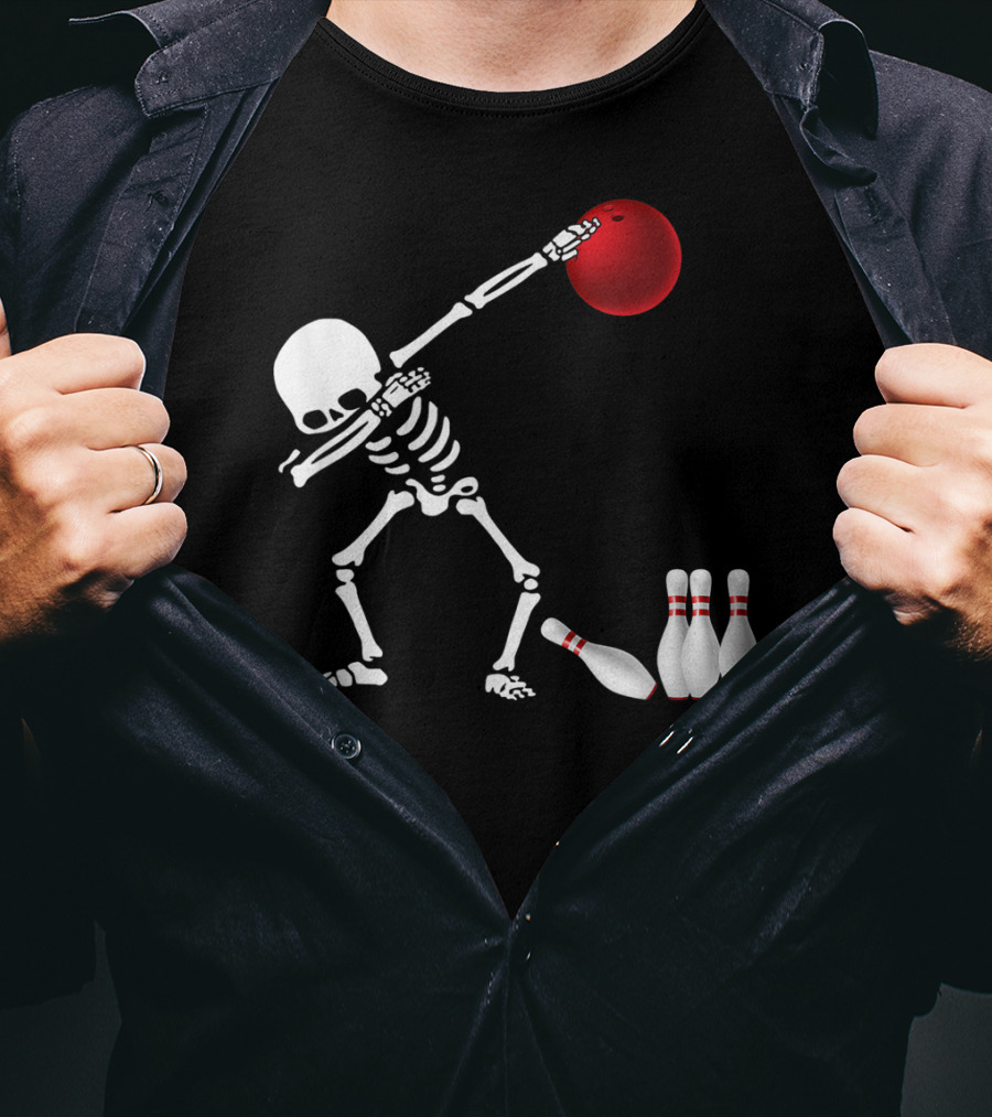 Skeleton Bowler Dabbing With Red Bowling Ball And Pins Fun Bones Lover T-Shirt