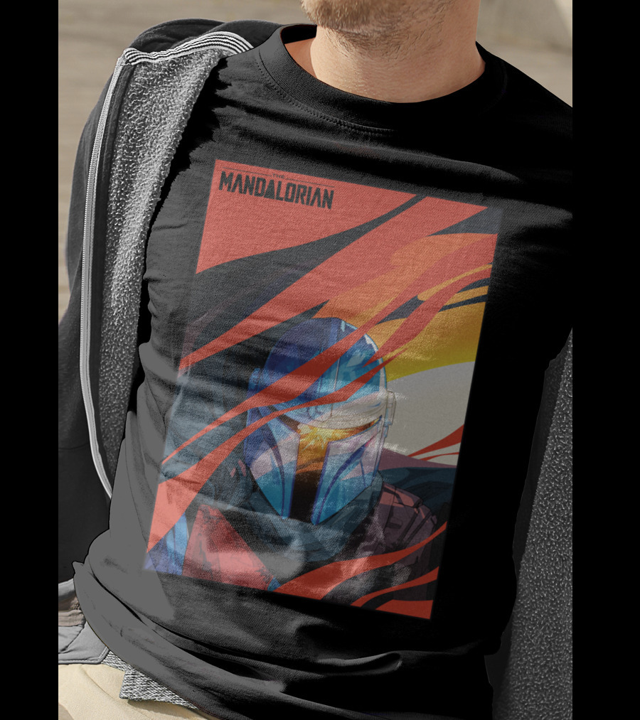 Star Wars The Mandalorian Helmet With Red And Orange Abstract Waves T-Shirt