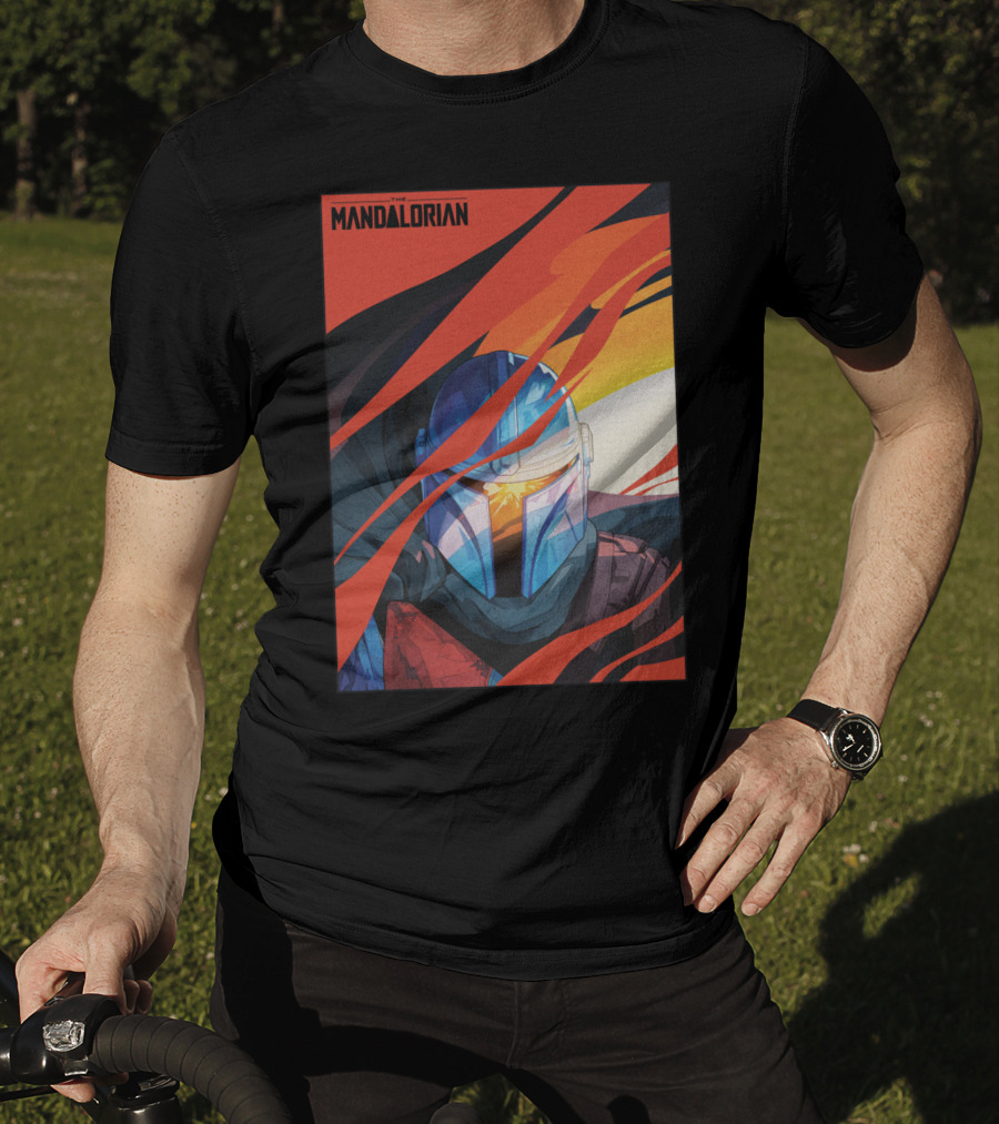 Star Wars The Mandalorian Helmet With Red And Orange Abstract Waves T-Shirt