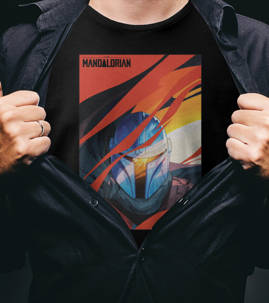 Star Wars The Mandalorian Helmet With Red And Orange Abstract Waves T-Shirt