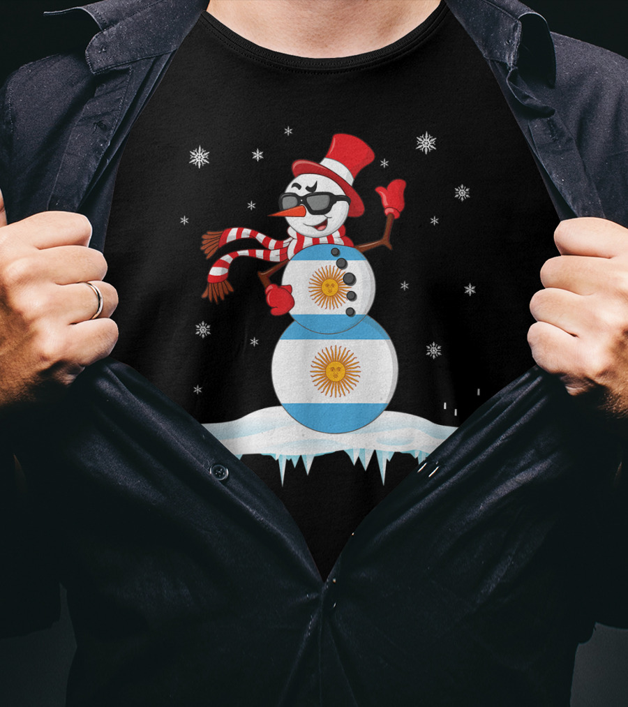 Argentinian Flag Snowman Dancing In Sunglasses Merry Winter T-Shirt