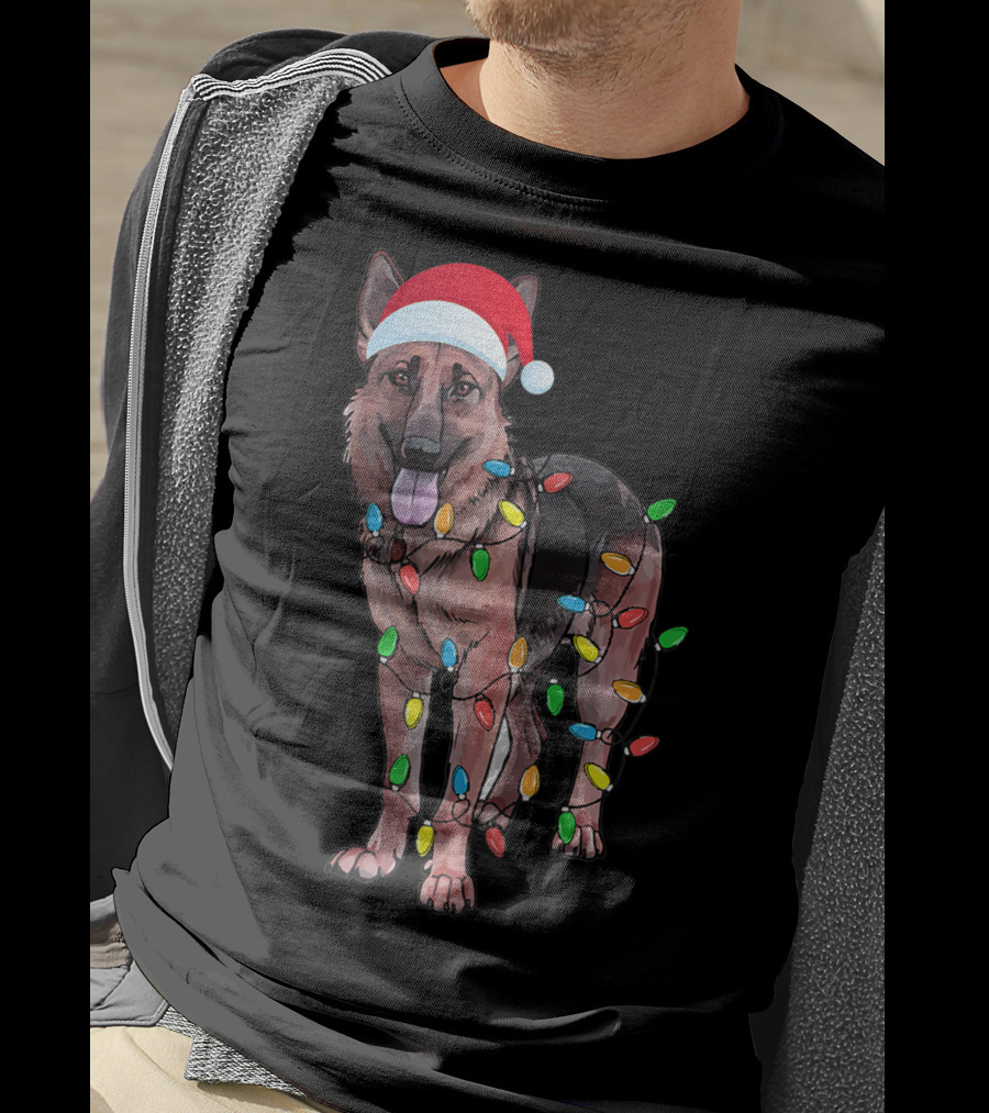 Christmas German Shepherd Dog Santa Hat Wrapped In Lights T-Shirt