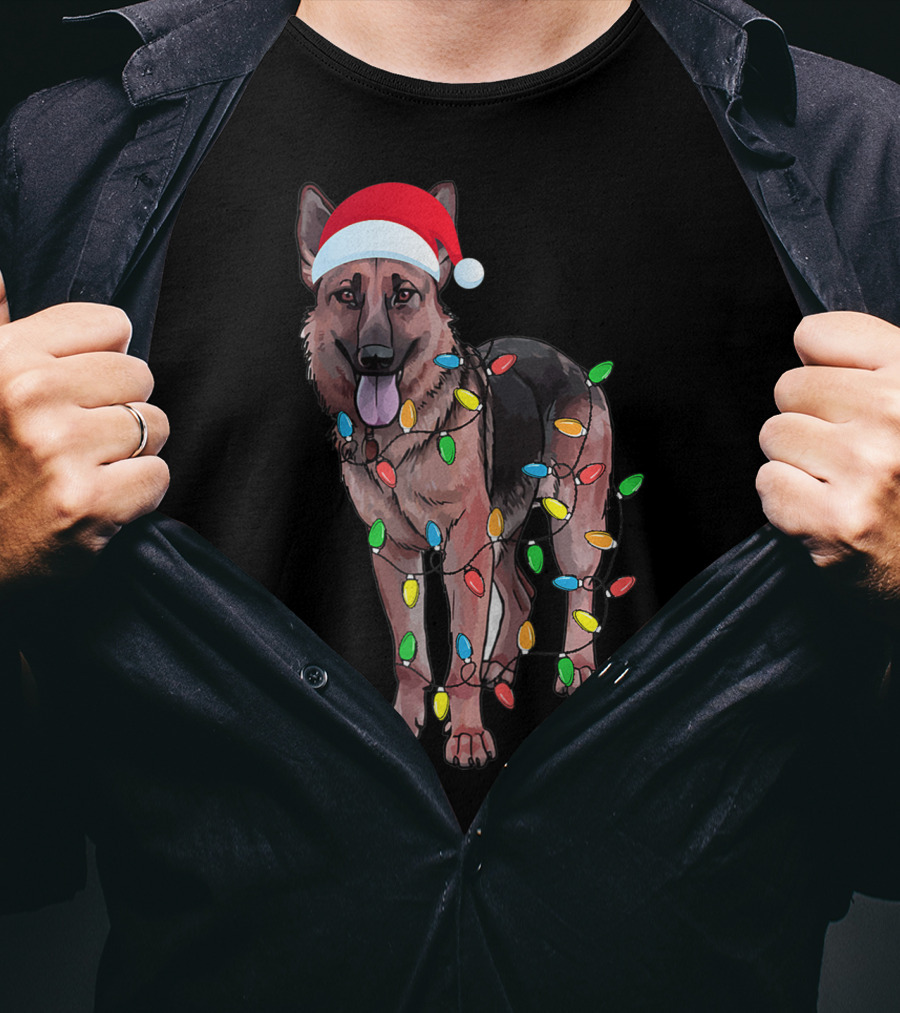 Christmas German Shepherd Dog Santa Hat Wrapped In Lights T-Shirt