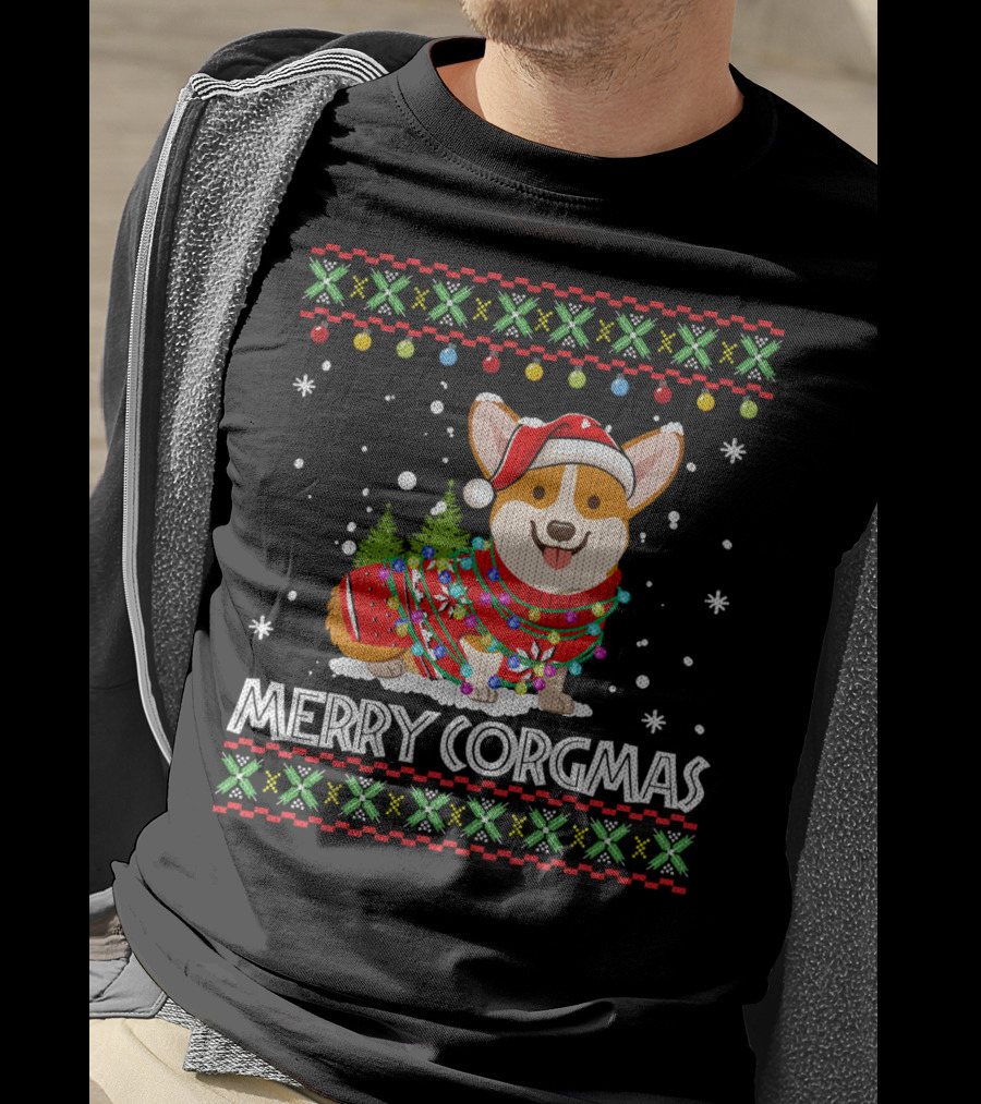 Merry Corgmas Corgi Dog Santa Hat Christmas Tree Lights Sweater Snowflakes T-Shirt