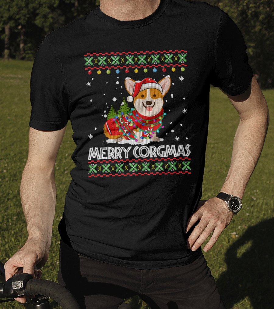 Merry Corgmas Corgi Dog Santa Hat Christmas Tree Lights Sweater Snowflakes T-Shirt