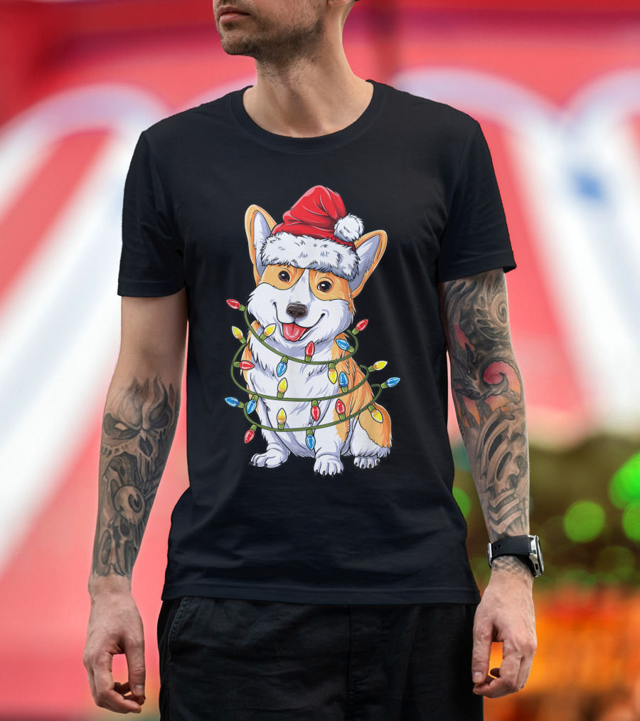 Corgi Santa Hat Wrapped in Christmas Tree Lights T-Shirt