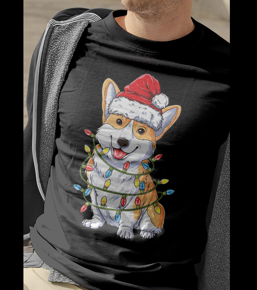 Corgi Santa Hat Wrapped In Christmas Tree Lights T-Shirt