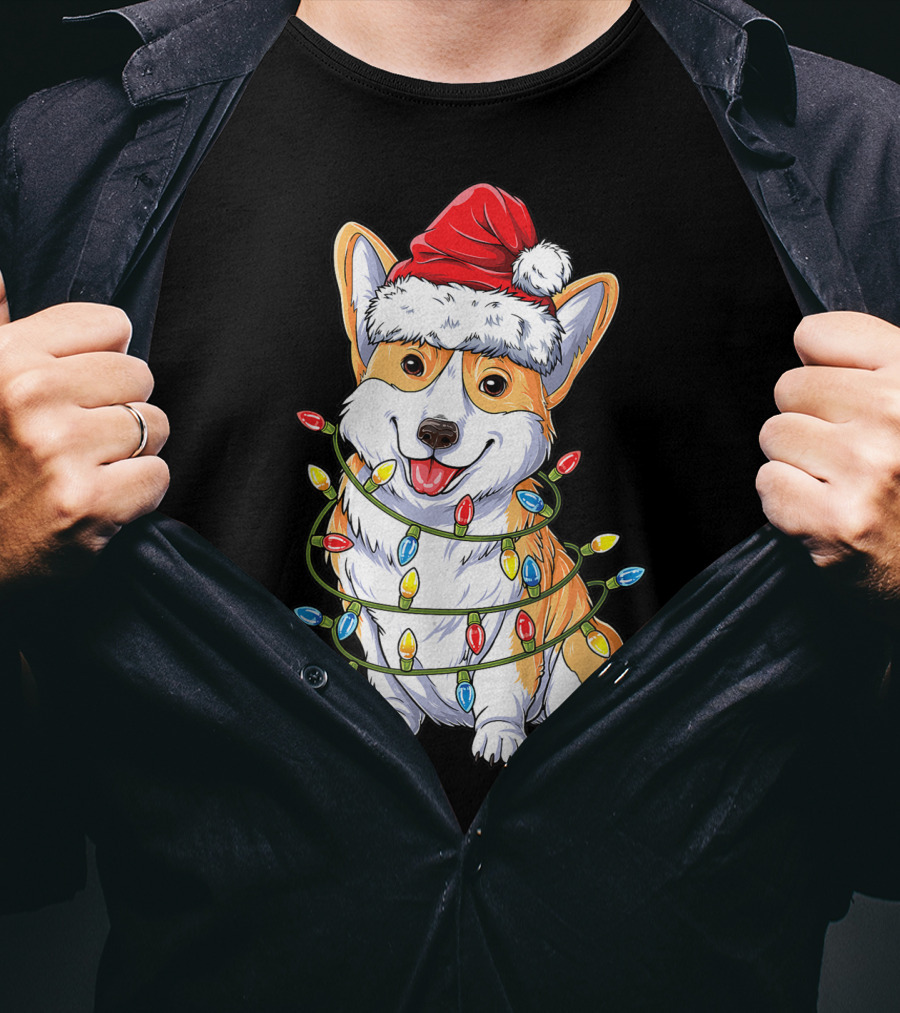 Corgi Santa Hat Wrapped In Christmas Tree Lights T-Shirt