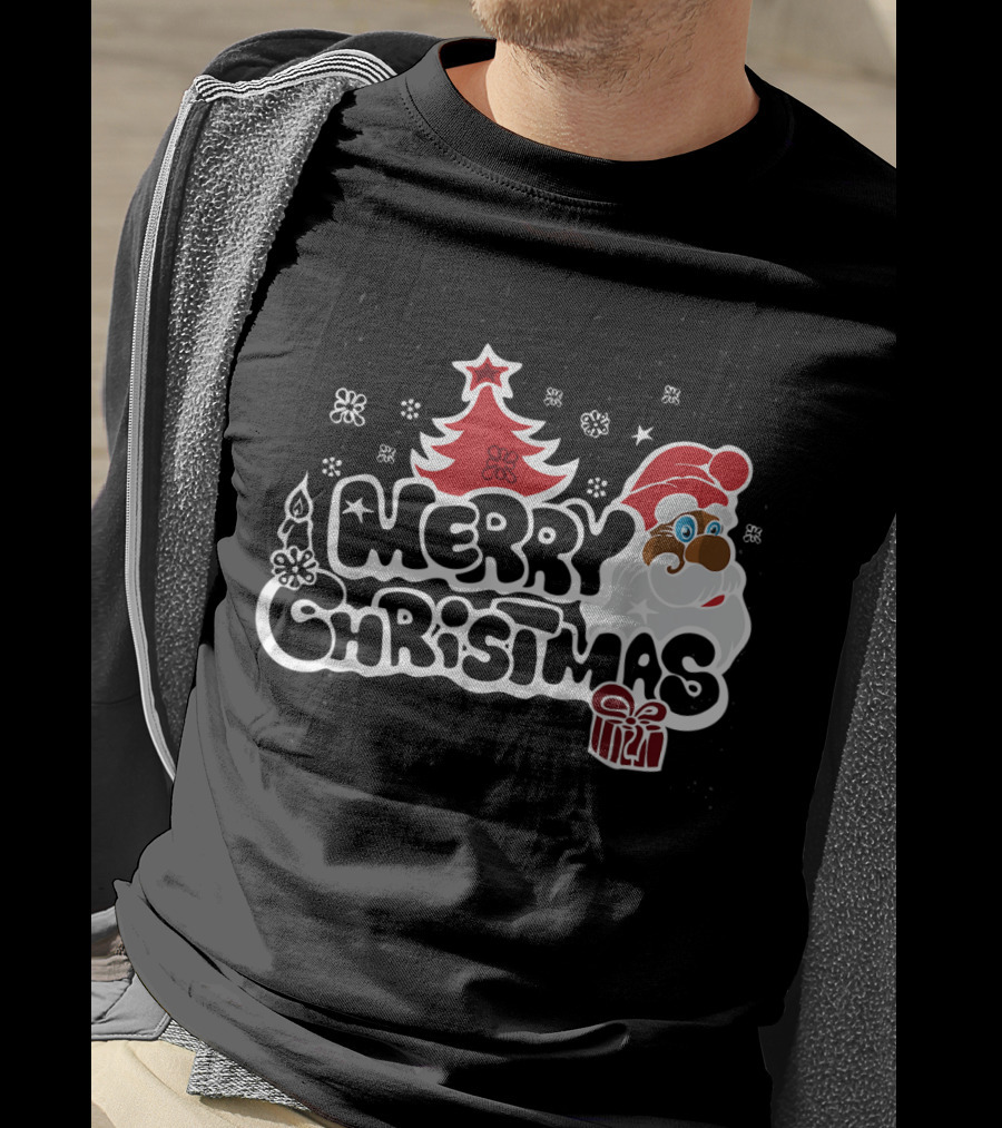 Merry Christmas Santa Red Tree Gift Black Holiday T-Shirt