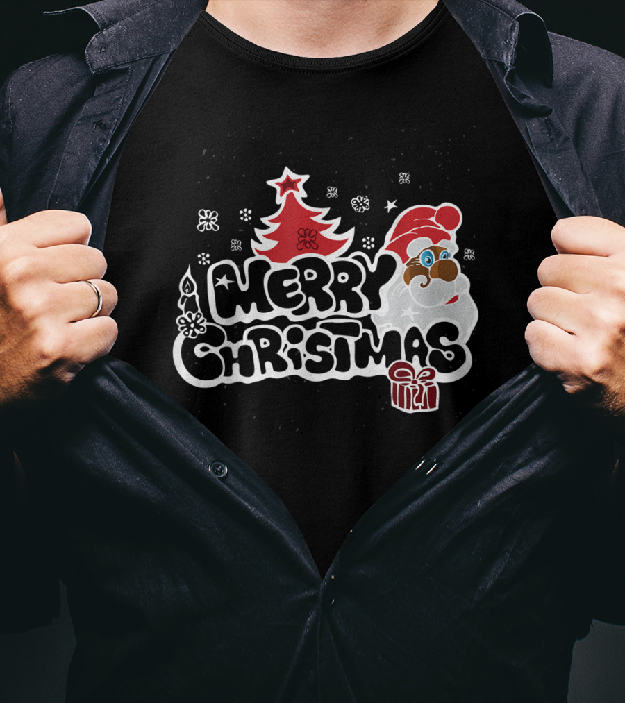 Merry Christmas Santa Red Tree Gift Black Holiday T-Shirt