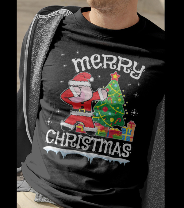 Merry Christmas Pig Dabbing By Noel Presents Tree Snow T-Shirt