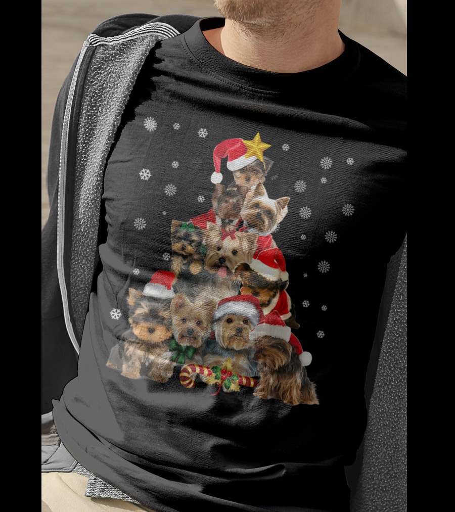 Yorkie Christmas Tree With Santa Hats And Candy Canes T-Shirt