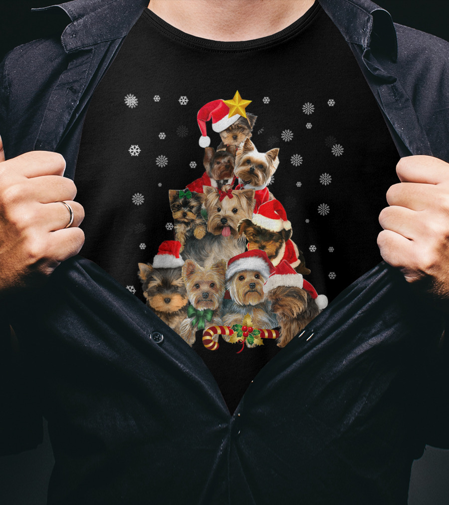 Yorkie Christmas Tree With Santa Hats And Candy Canes T-Shirt