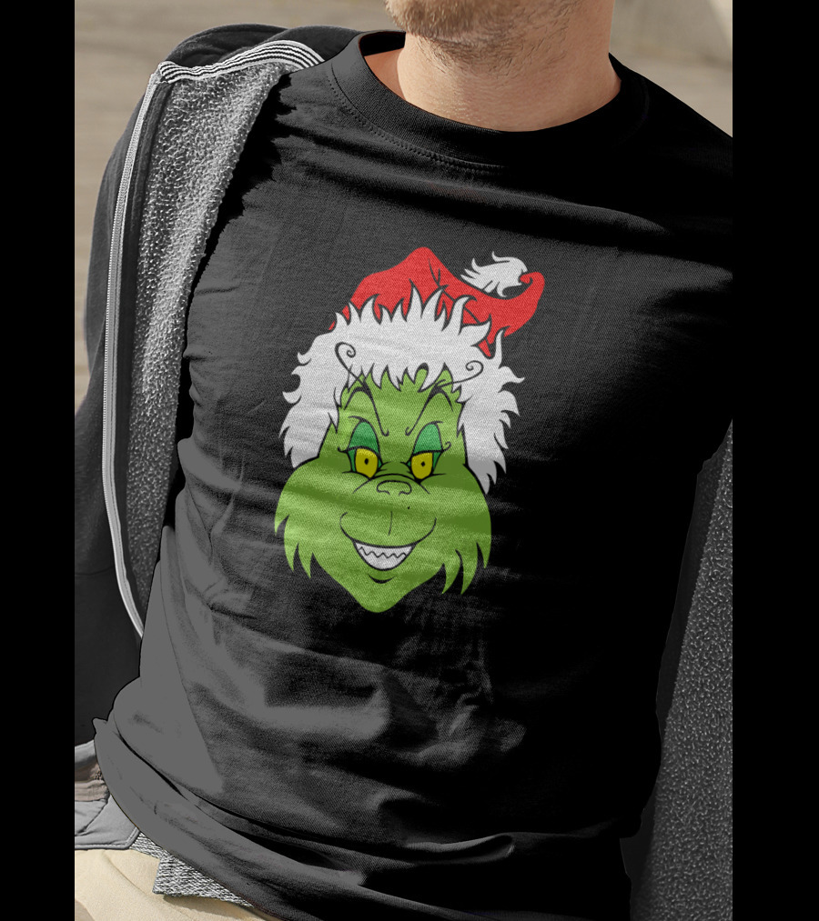 Christmas Grinch Face With Santa Hat T-Shirt