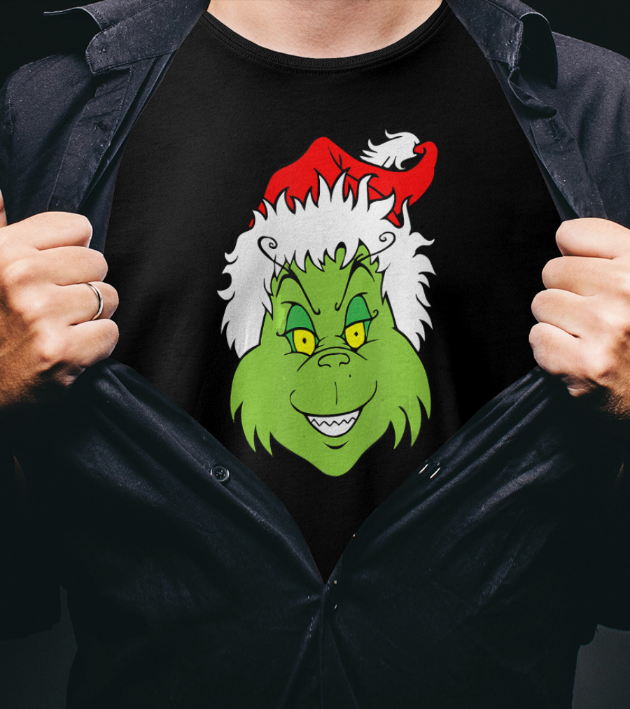 Christmas Grinch Face With Santa Hat T-Shirt