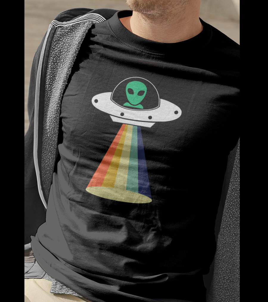 Rainbow Beam UFO Alien Christmas Outerspace Visitor T-Shirt