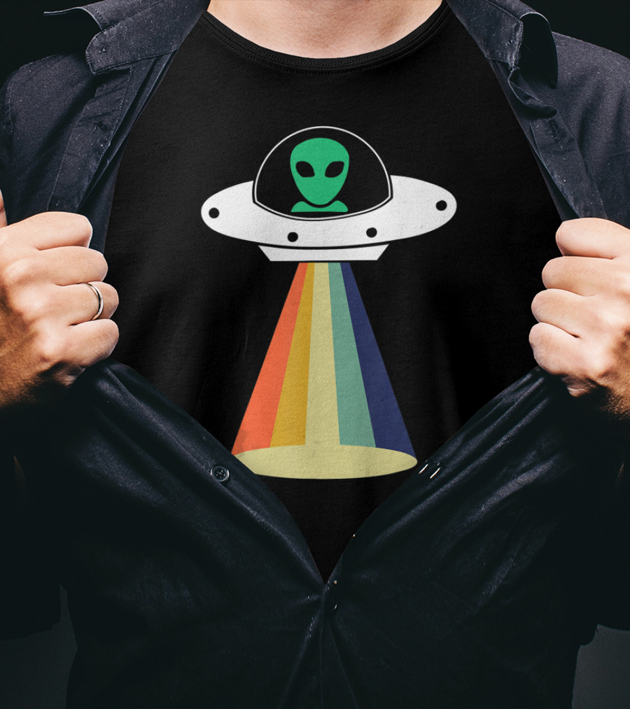 Rainbow Beam UFO Alien Christmas Outerspace Visitor T-Shirt