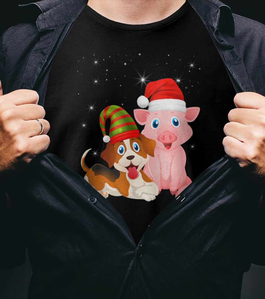 Christmas Festive Dog Pig Santa Hats T-Shirt