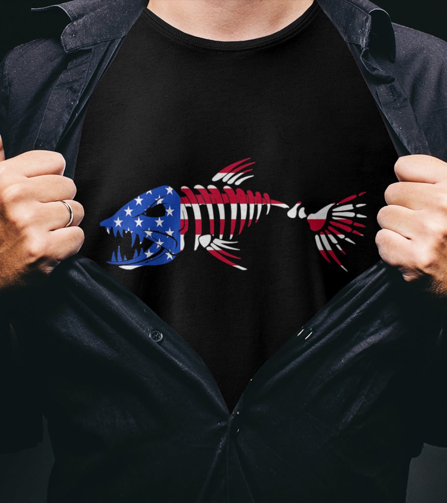 Patriotic Fish Skeleton With American Flag Colors T-Shirt