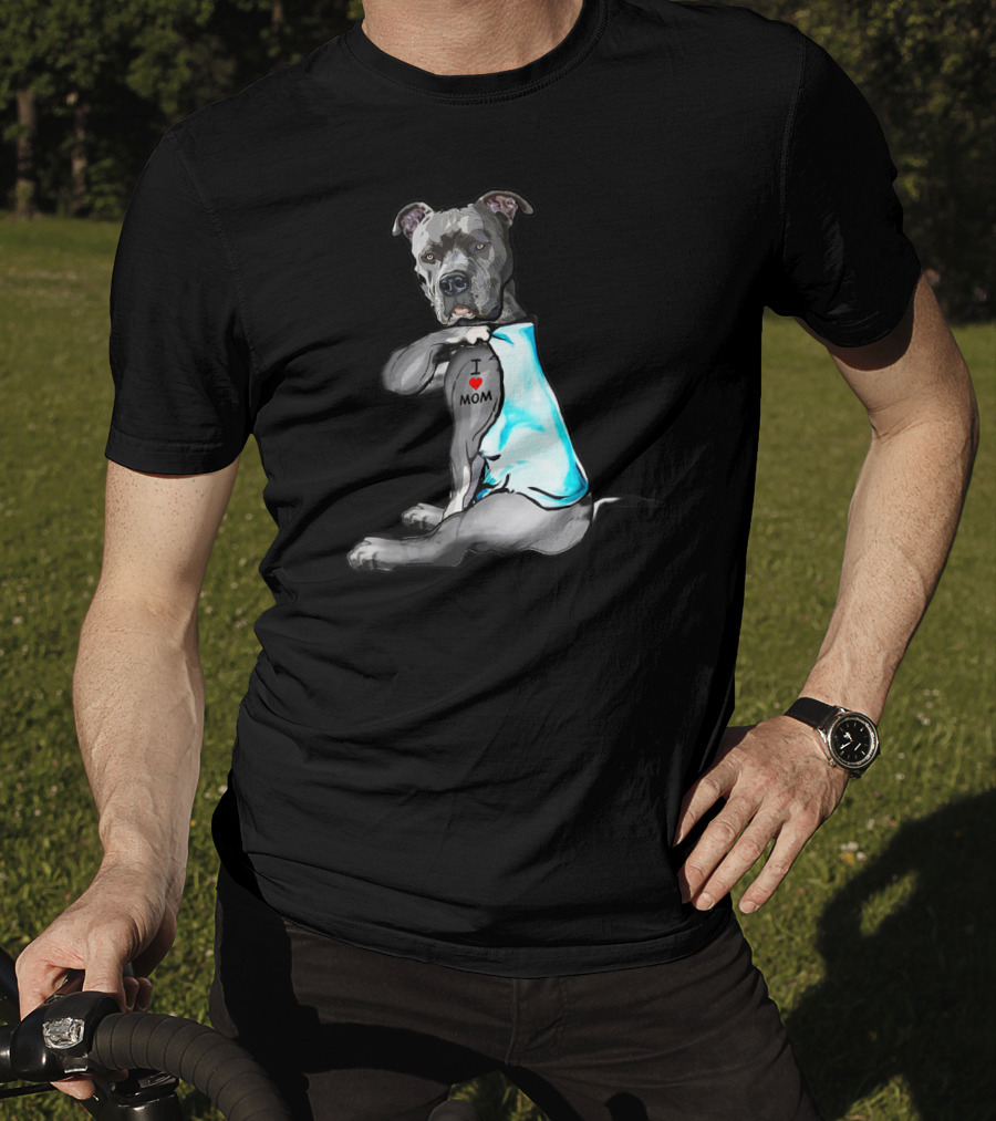 Pitbull Dog I Love Mom Tattoo T-Shirt