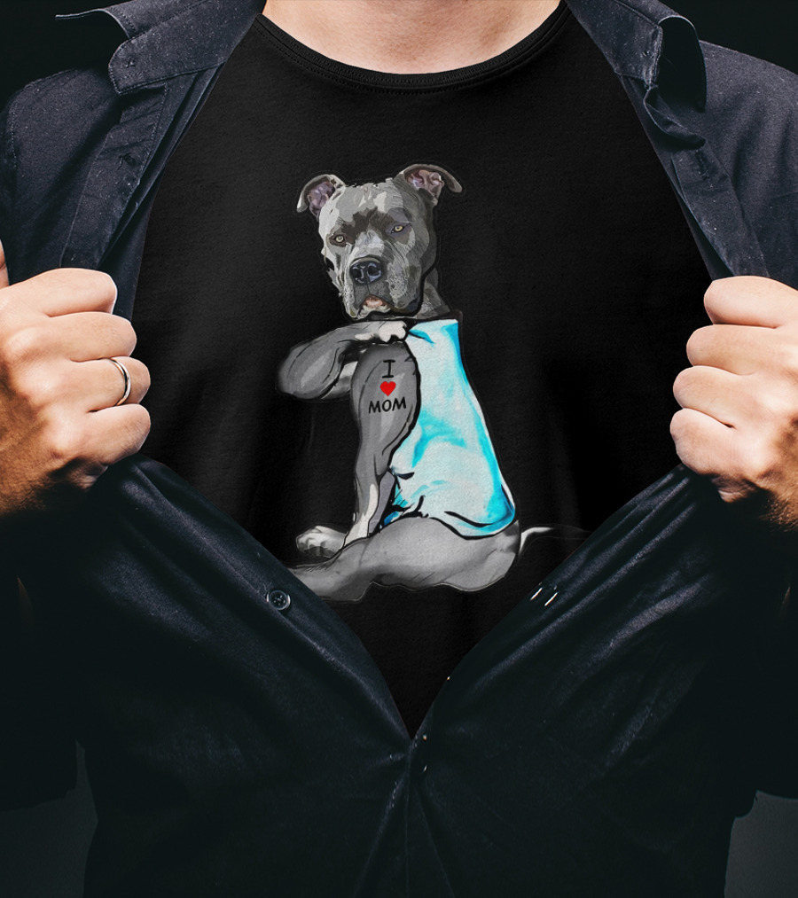 Pitbull Dog I Love Mom Tattoo T-Shirt