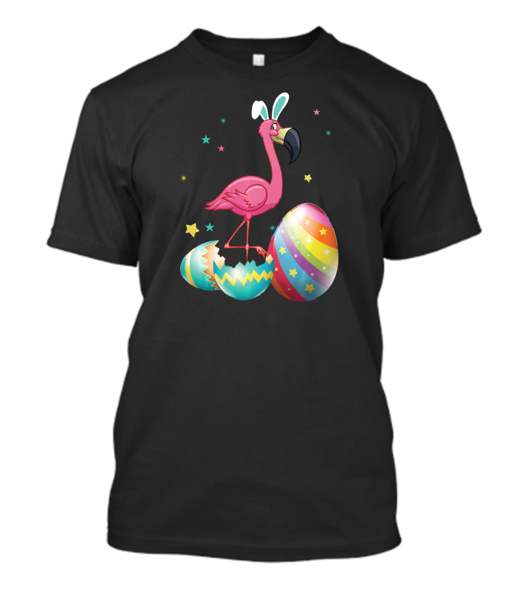 Flamingo Bunny Ears With Colorful Easter Eggs And Stars T-Shirt