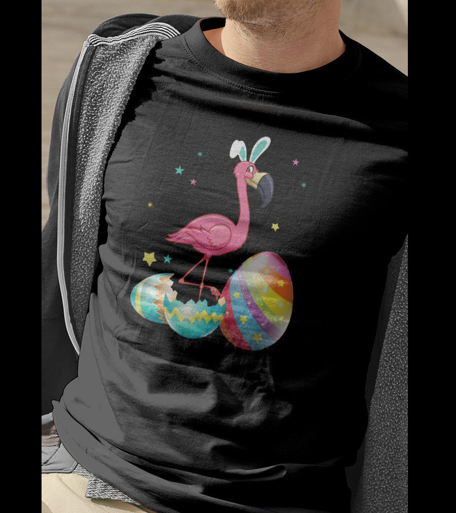 Flamingo Bunny Ears With Colorful Easter Eggs And Stars T-Shirt