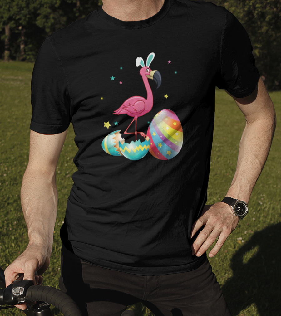 Flamingo Bunny Ears With Colorful Easter Eggs And Stars T-Shirt
