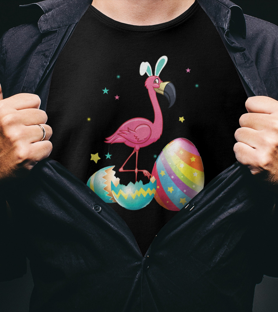 Flamingo Bunny Ears With Colorful Easter Eggs And Stars T-Shirt