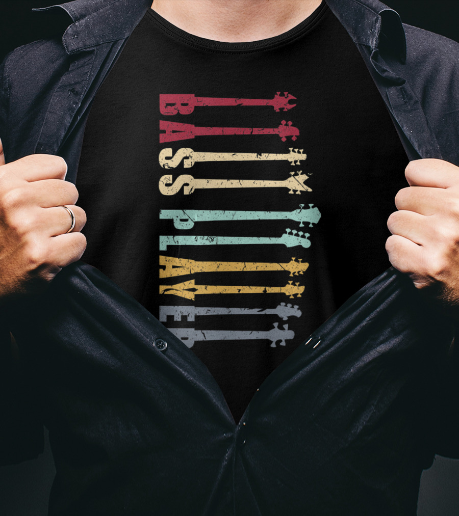 Funny BASS PLAYER Neck Vintage Colorful Guitar Heads T-Shirt