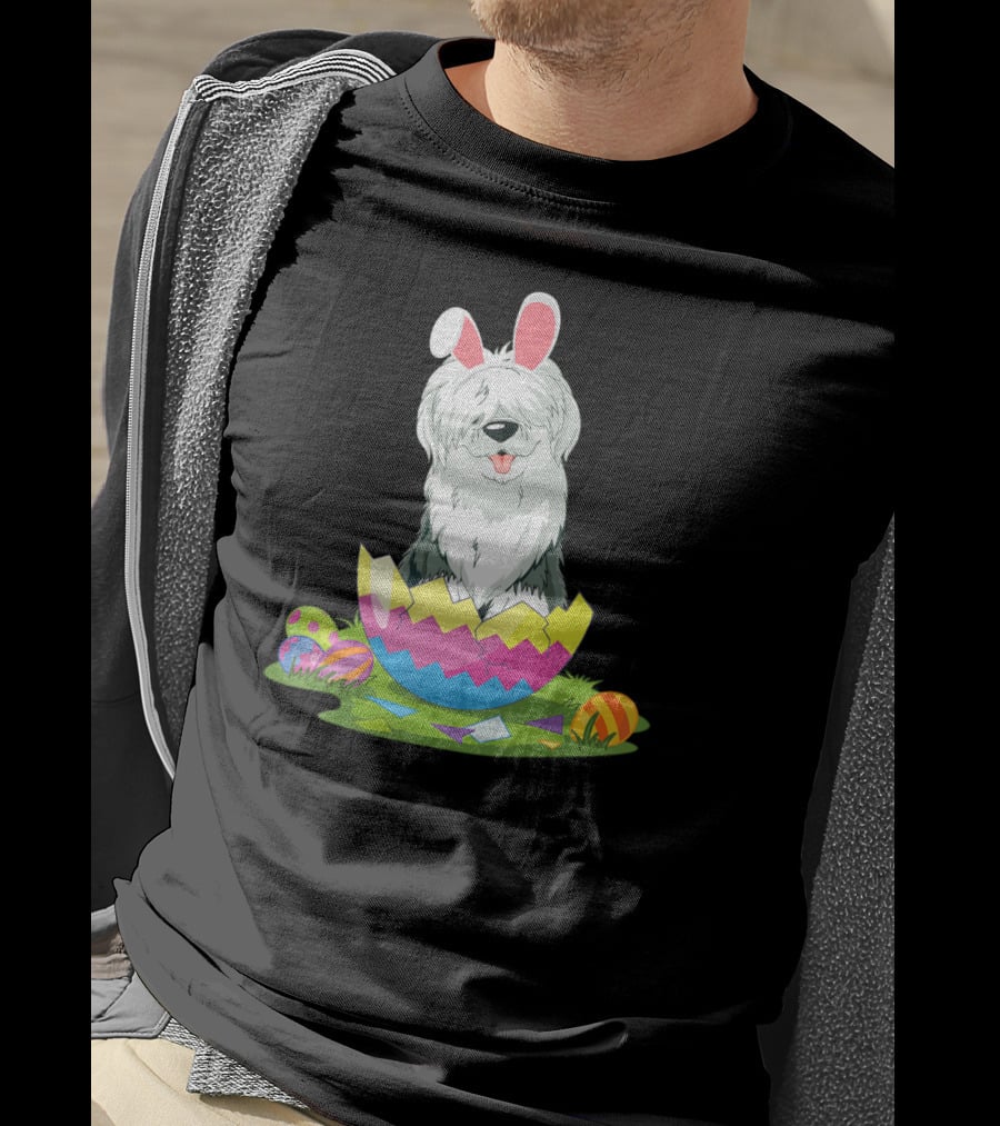 Old English Sheepdog Bunny Ears Easter Egg Scene T-Shirt