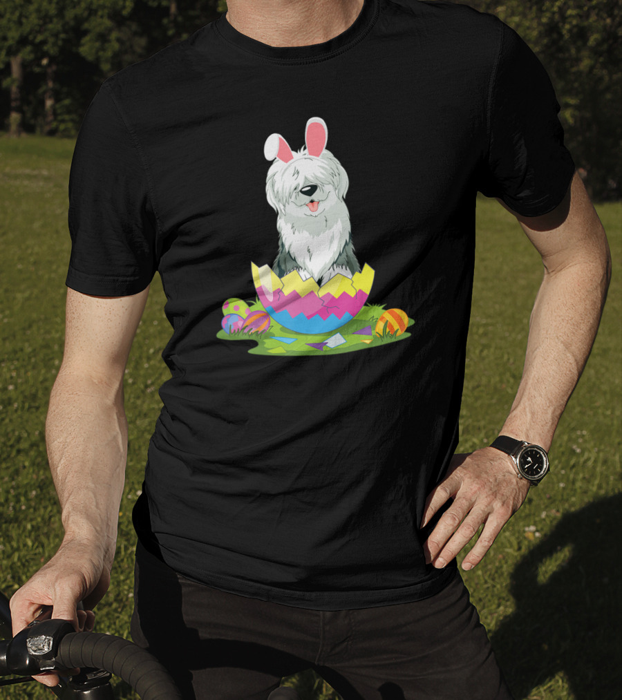 Old English Sheepdog Bunny Ears Easter Egg Scene T-Shirt