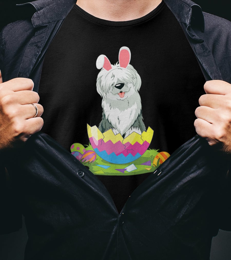 Old English Sheepdog Bunny Ears Easter Egg Scene T-Shirt