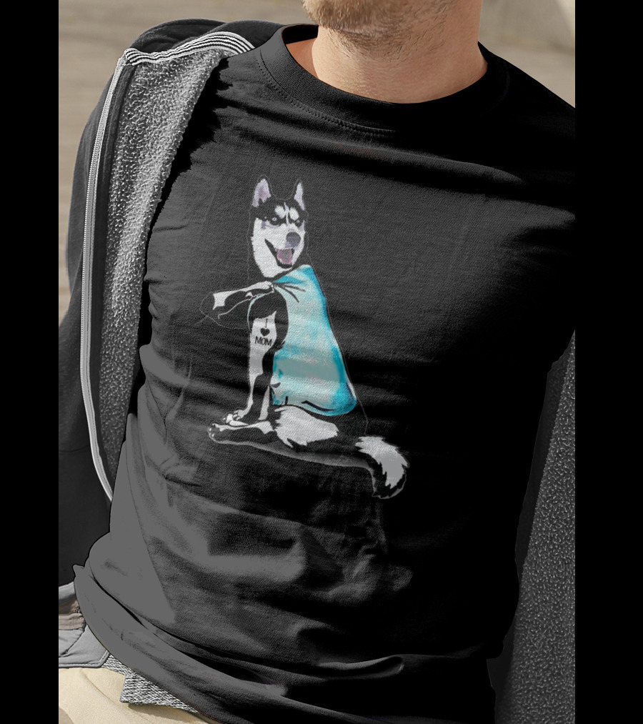 Siberian Husky I Love Mom Tattoo Blue T-Shirt
