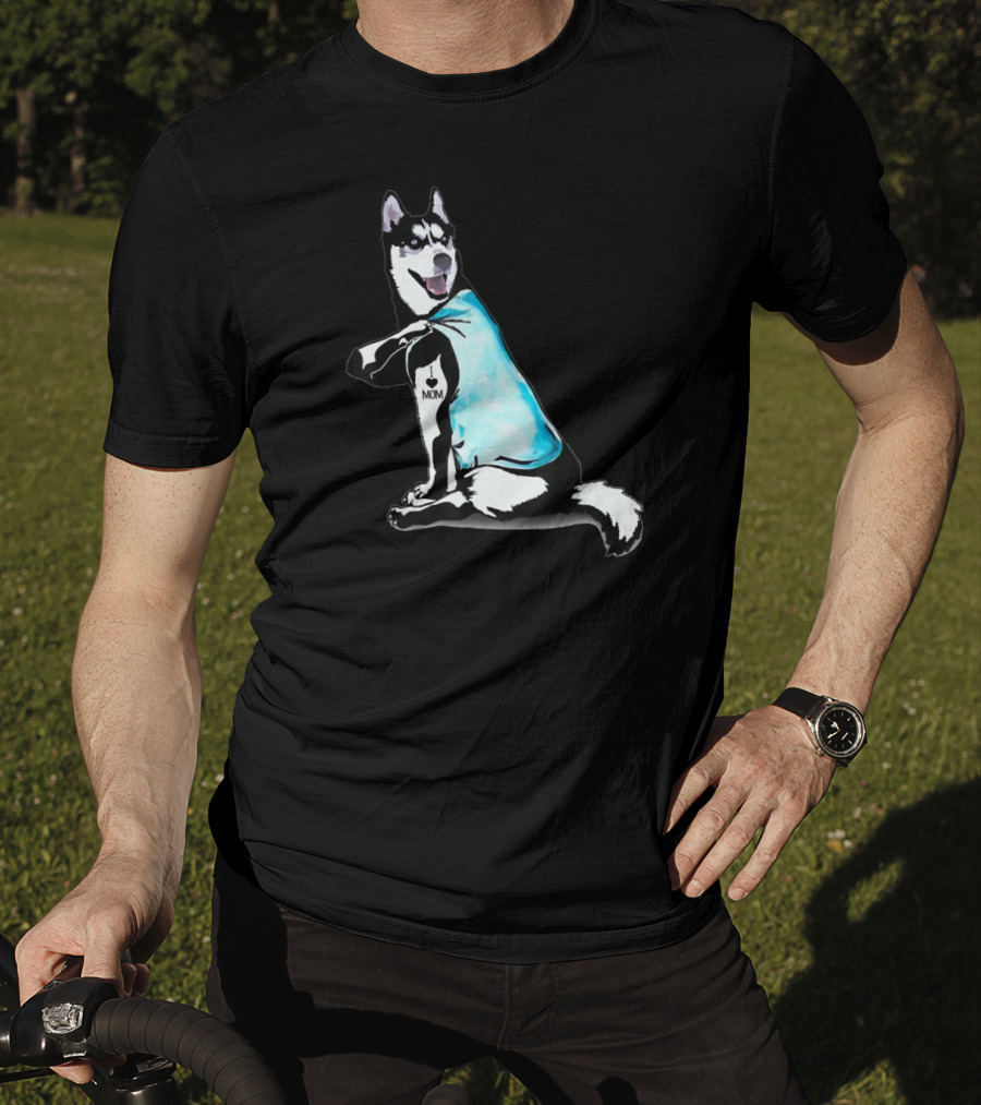 Siberian Husky I Love Mom Tattoo Blue T-Shirt