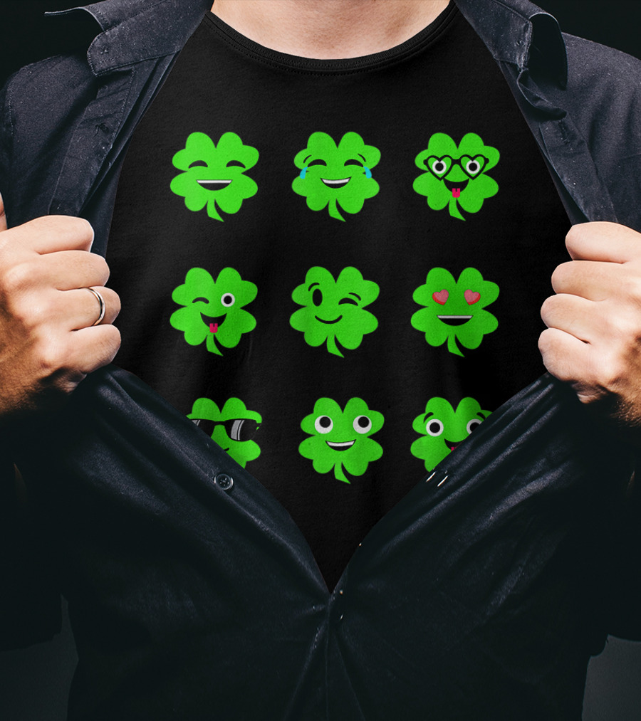 St Patricks Day Irish Shamrock Emoji Faces With Heart Eyes And Sunglasses T-Shirt