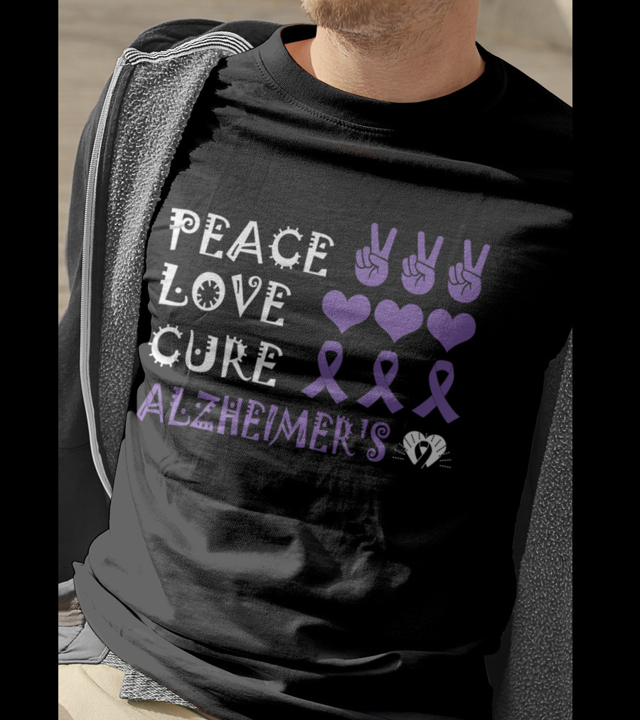 Peace Love Cure Alzheimer's Purple Ribbons Hearts And Peace Signs T-Shirt
