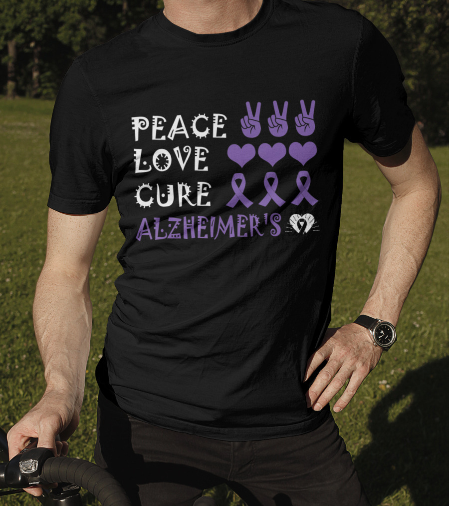 Peace Love Cure Alzheimer's Purple Ribbons Hearts And Peace Signs T-Shirt