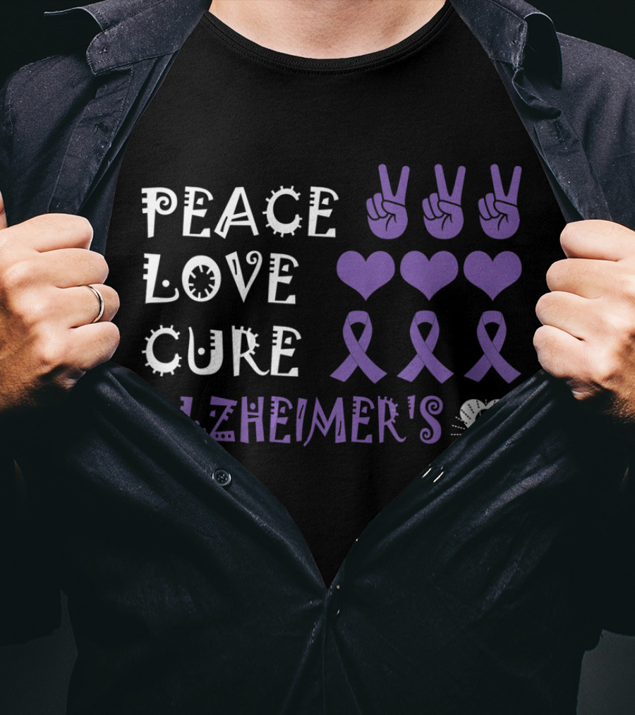 Peace Love Cure Alzheimer's Purple Ribbons Hearts And Peace Signs T-Shirt