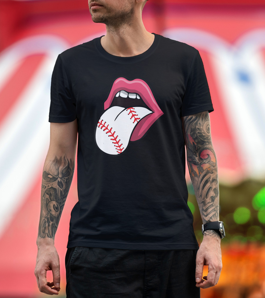 Baseball Stitch Red Lips Tongue T-Shirt