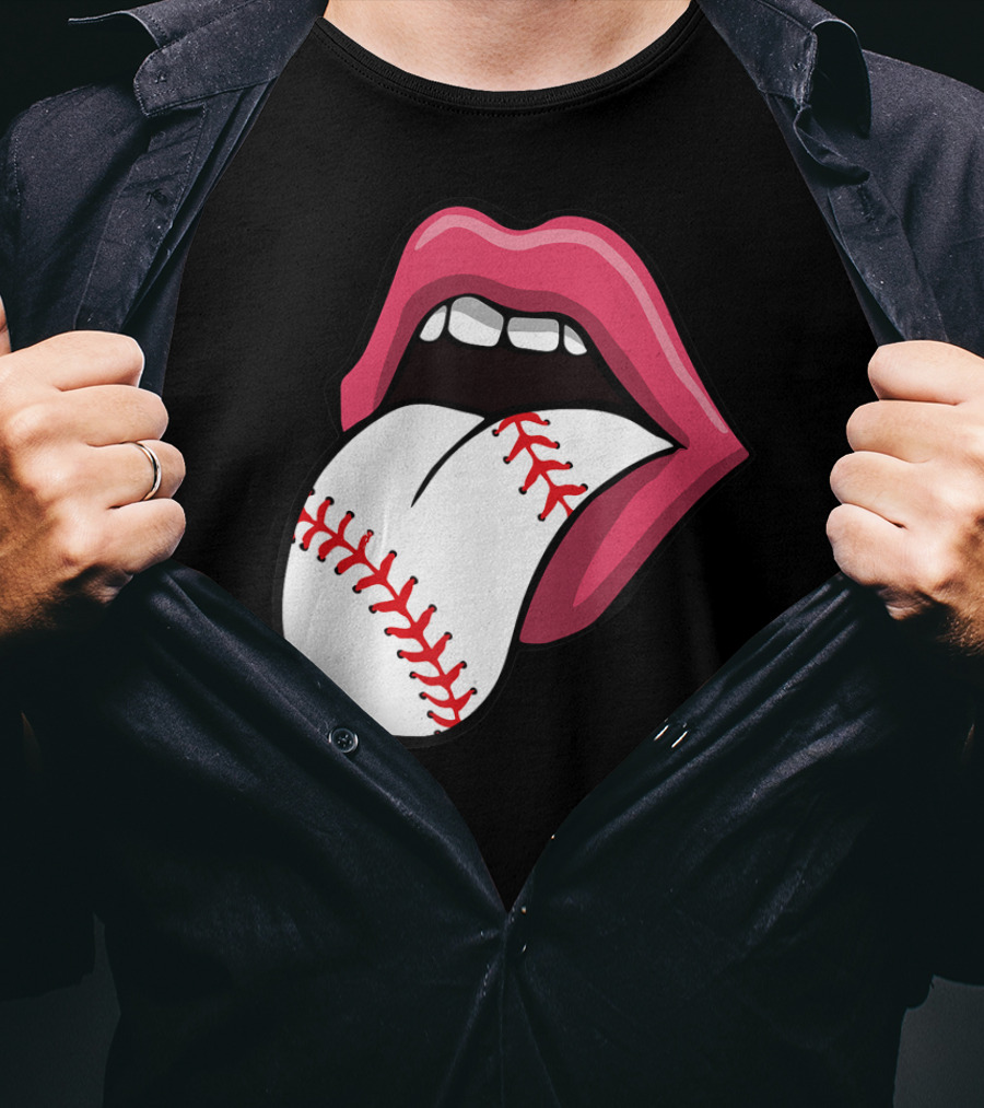 Baseball Stitch Red Lips Tongue T-Shirt